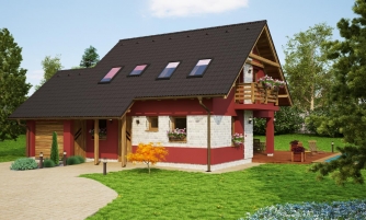Petite maison avec toit à pignon et garage.